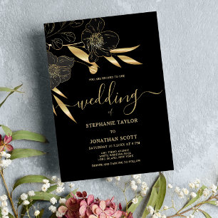 Convite Casamento simples de ouro negro floral elegante