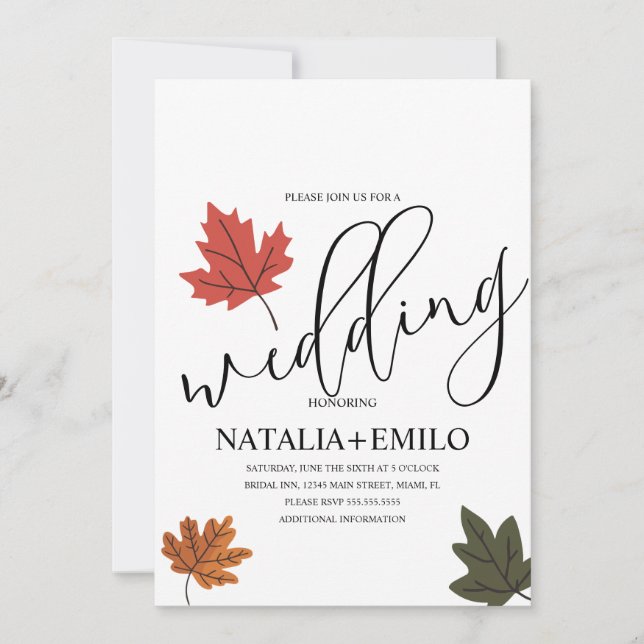 Convite Casamento Simples de Outono Folha  (Frente)