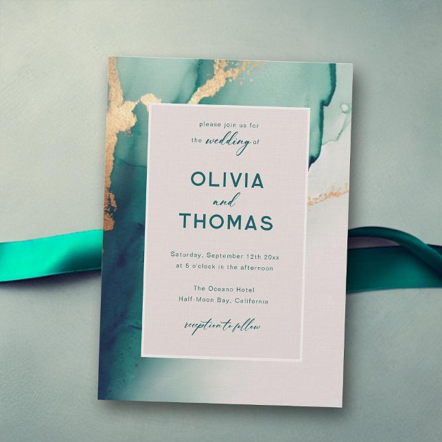 Convite Casamento Simples de Praia Elegante de Quadro Mode (emerald green gold wedding invitation modern ocean beach waves elegant bohemian romantic boho chic)