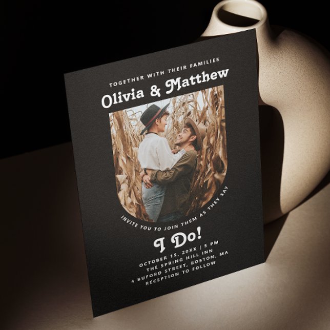 Convite Casamento simples de retrô com foto de arco preto (Criador carregado)