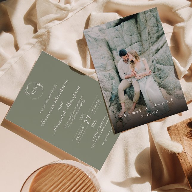 Convite Casamento Simples De Sage Clássica De Monograma Ve (Criador carregado)