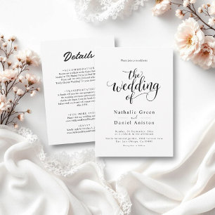Convite Casamento Simples de Script Branco e Preto Delicad