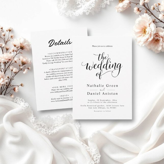 Convite Casamento Simples de Script Branco e Preto Delicad (Criador carregado)