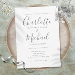 Convite Casamento Simples de Script de Assinatura Elegante<br><div class="desc">Apresentando nomes de estilo de assinatura,  esta cinza elegante e o convite de casamento branco podem ser personalizados com suas informações em caracteres de cinza. Projetado por Thisnotme©</div>