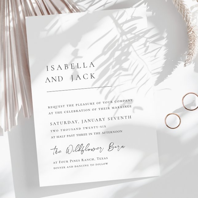 Convite Casamento Simples de Script Mínimo Preto Elegante (Elegant Minimalist Black White Script Wedding Invitation)