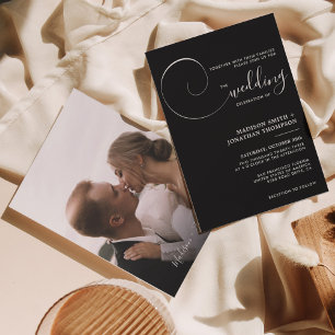 Convite Casamento Simples de Script Preto e Branco Moderno