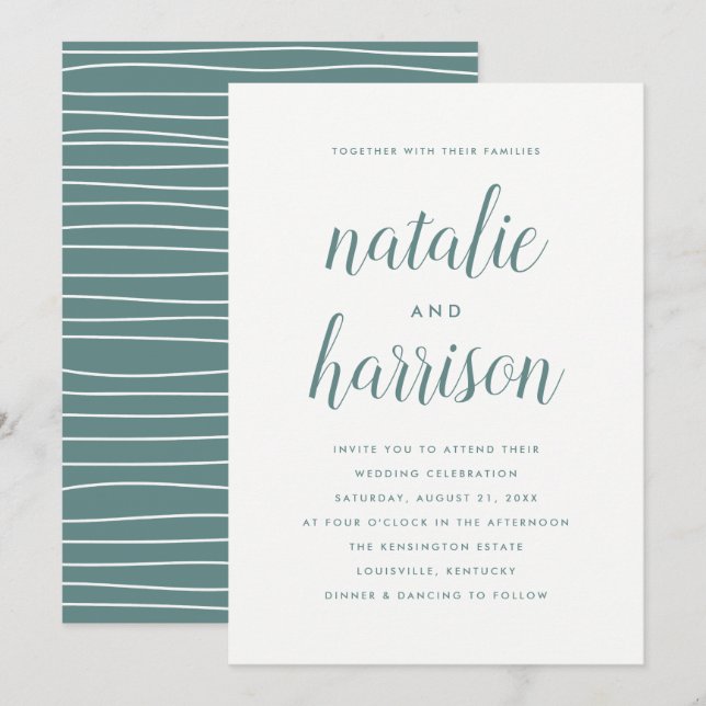 Convite Casamento Simples De Script Teal Moderno (Frente/Verso)