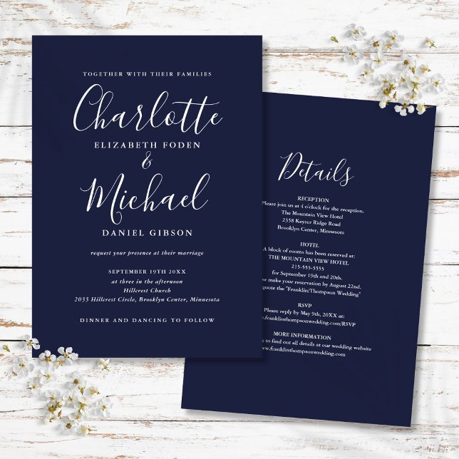 Convite Casamento Simples de Uma Peça em Azul Marinho (Navy Blue All In One Simple Script Wedding Invitation)