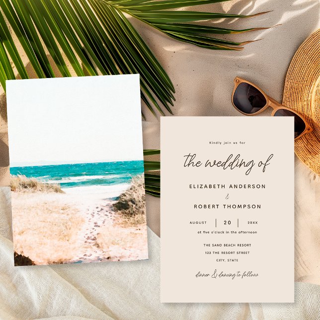 Convite Casamento Simples de Verão na Praia com Areia Retr (Criador carregado)