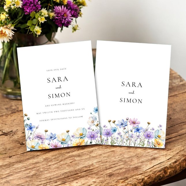 Convite Casamento simples de Wildflower salve a data (whimsical bohemian wedding save the date card with beautiful wildflowers )