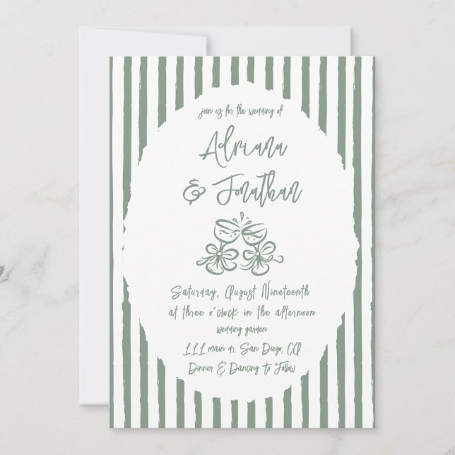 Convite Casamento Simples Desenhado à Mão em Verde Sage (Frente)