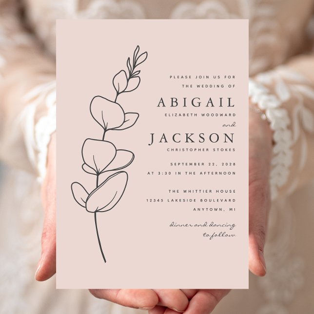Convite Casamento Simples Desenho de Eucalipto Rosa Bege (Criador carregado)