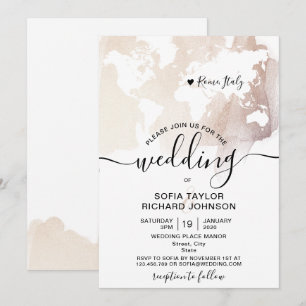 Convite Casamento Simples Destino Mapa Mundial Aquarela