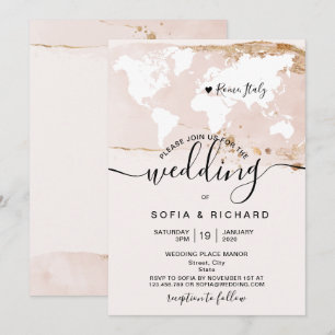 Convite Casamento Simples Destino Mapa Mundial Aquarela Em
