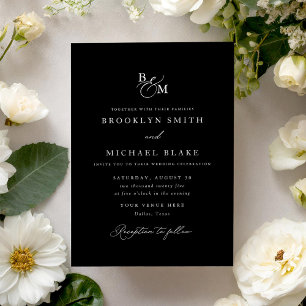 Convite Casamento Simples do Monograma Branco e Preto
