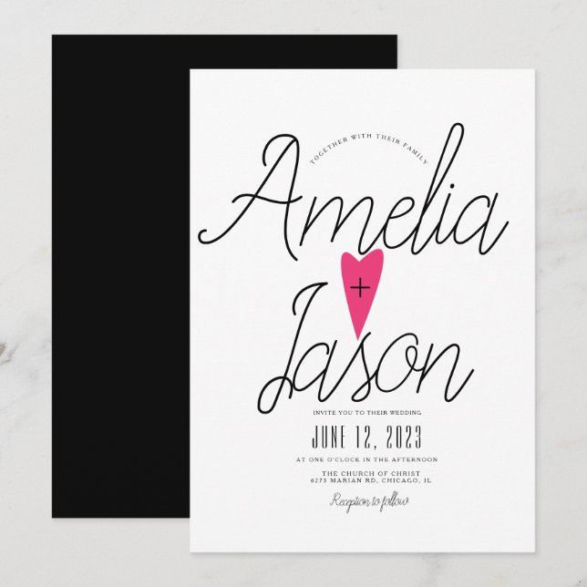 Convite Casamento Simples do Tipo Coração Cor-de-Rosa do S (Frente/Verso)