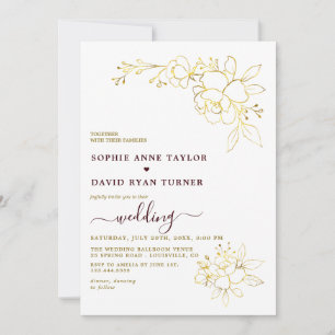 Convite Casamento Simples Dourado Burgundy Minimalista
