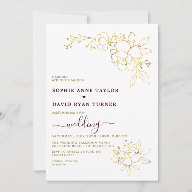 Convite Casamento Simples Dourado Burgundy Minimalista (Frente)