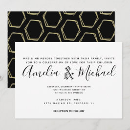Convite Casamento Simples Dourado e Preto Geometria Modern