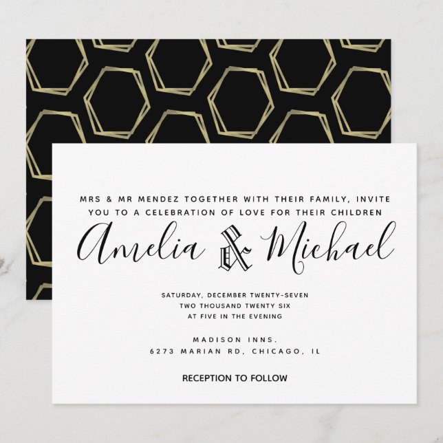 Convite Casamento Simples Dourado e Preto Geometria Modern (Frente/Verso)