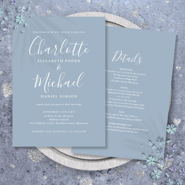 Convite Casamento Simples Dusty Blue Chic Script All In On (Dusty Blue Simple All In One Chic Script Wedding Invitation)