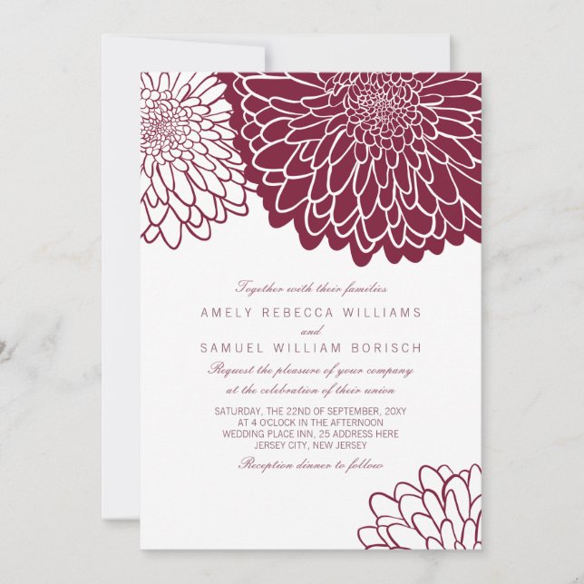 Convite Casamento Simples e Elegante Crisântemo Borgonha (Frente)