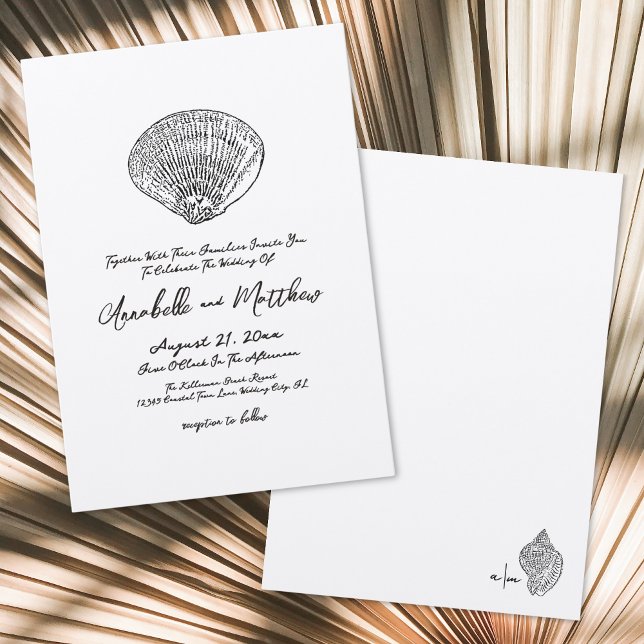 Convite Casamento Simples e Elegante na Praia com Conchas  (Simple Elegant Seashell Beach Wedding Invitation)