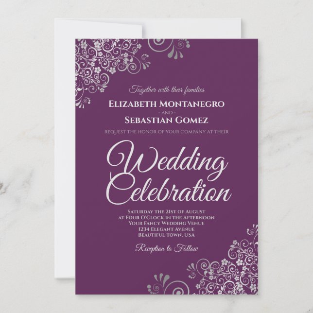 Convite Casamento Simples e Elegante Prata sobre Roxo (Frente)