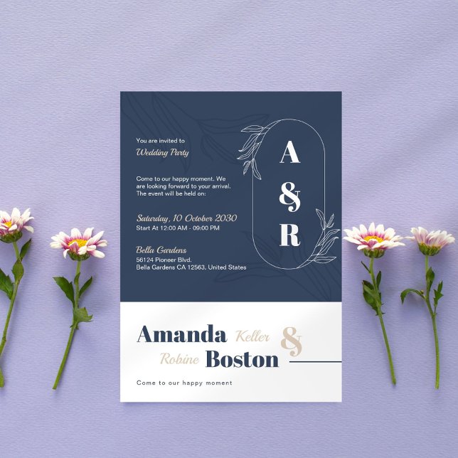 Convite Casamento Simples Elegante Azul e Beige (Criador carregado)