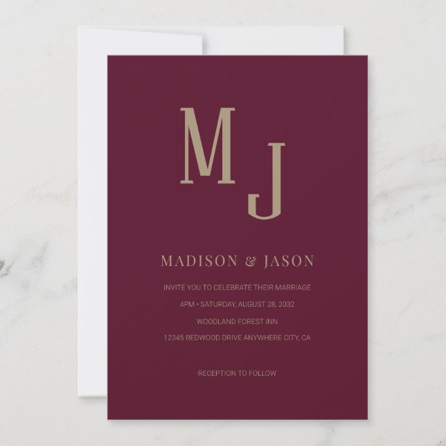 Convite Casamento Simples Elegante Burgundy Romano Monogra (Frente)