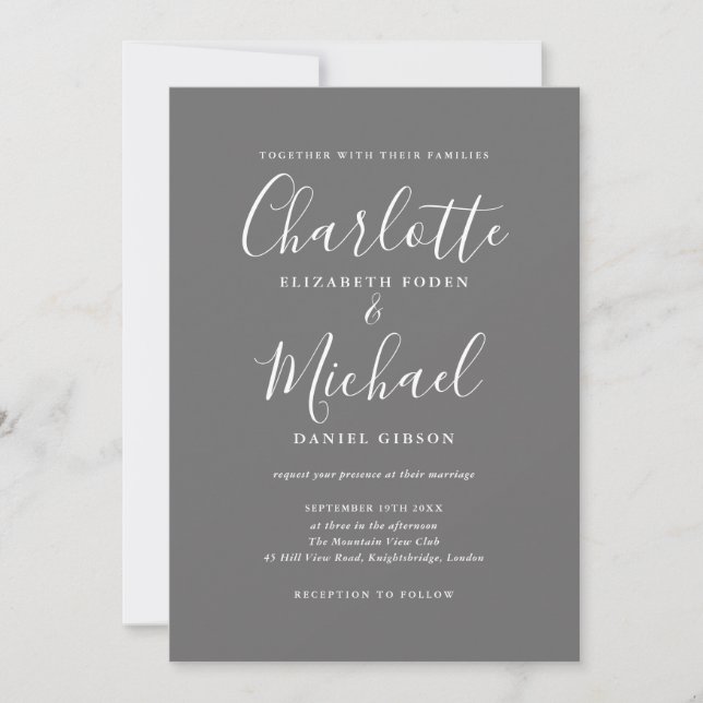 Convite Casamento Simples Elegante Cinza e Branco com Letr (Frente)
