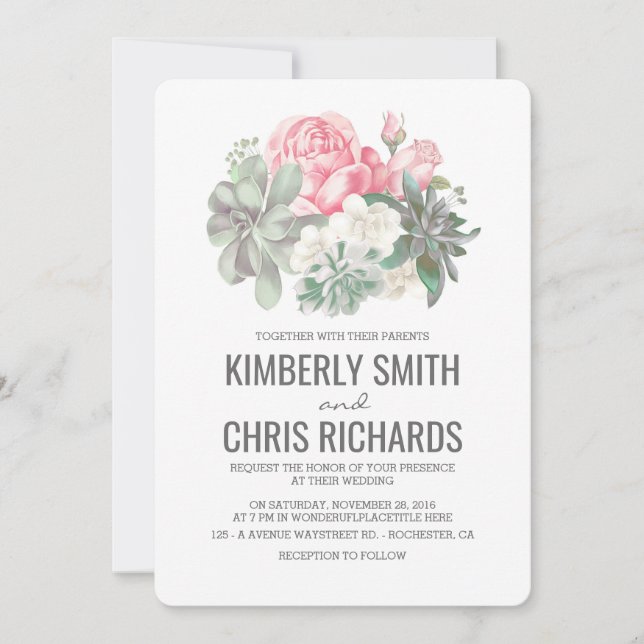 Convite Casamento Simples Elegante com Flores Rosa (Frente)