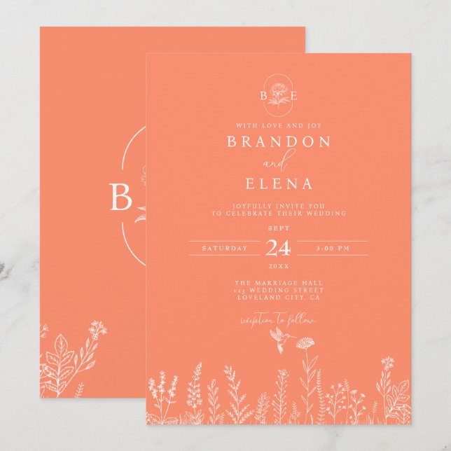 Convite Casamento Simples Elegante De Coral Botânico (Frente/Verso)