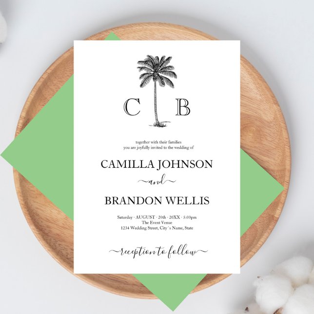 Convite Casamento Simples Elegante de Palm Tropical Monogr (Simple Elegant Palm Tree Tropical Monograms Wedding Invitati Invitation)
