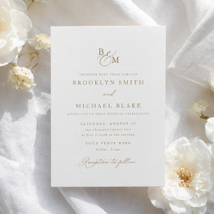 Convite Casamento Simples Elegante Dourado Monograma