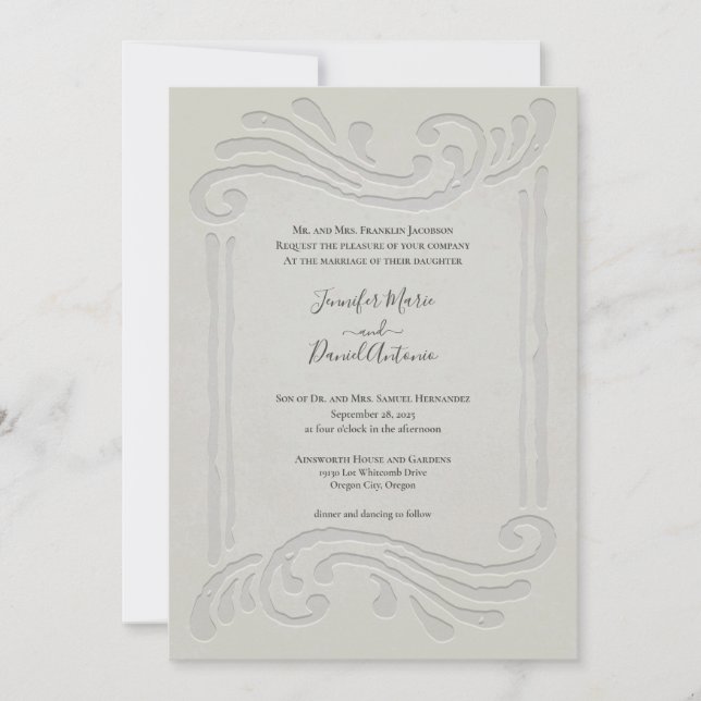 Convite Casamento Simples Elegante Embossed Alabastro (Frente)