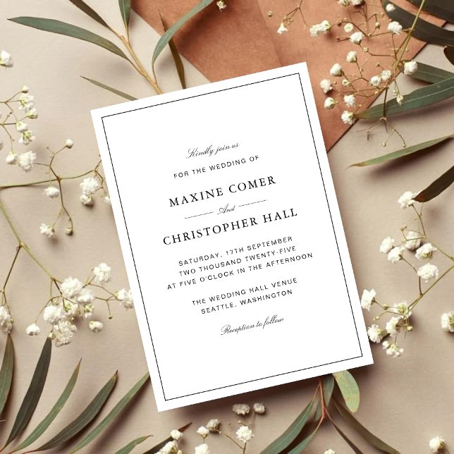 Convite Casamento Simples Elegante Formal Branco & Preto (Simple white and black wedding invitation creates a timeless, elegant first impression.)