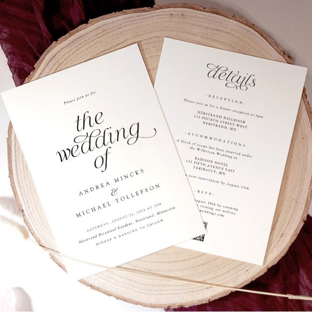 Convite Casamento Simples Elegante Romântico Tudo em Um Ca (Simple, modern and elegant wedding invitations with details and qr code on the back.)