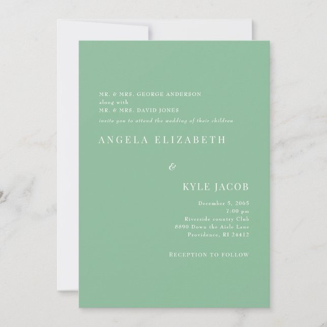 Convite Casamento Simples & Elegante Texto Branco Verde de (Frente)
