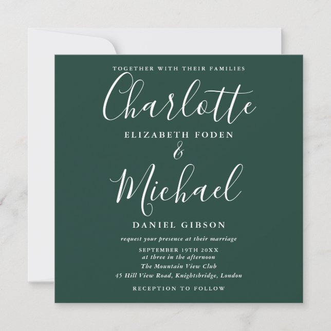 Convite Casamento Simples Elegante Verde Esmeralda Roteiro (Frente)