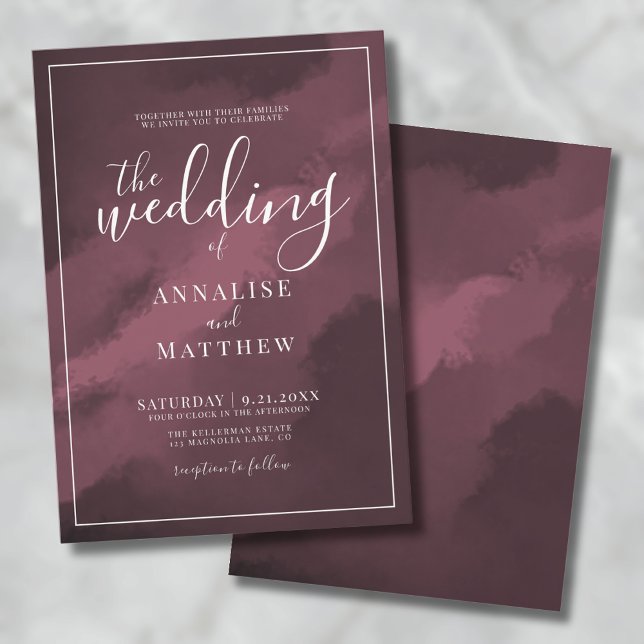 Convite Casamento Simples em Aquarela Borgonha (Classy Modern Elegant Watercolor Burgundy Wedding Invitation)