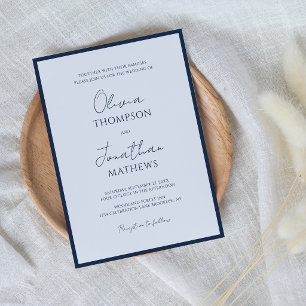 Convite Casamento Simples em Azul Marinho com Borda em Let