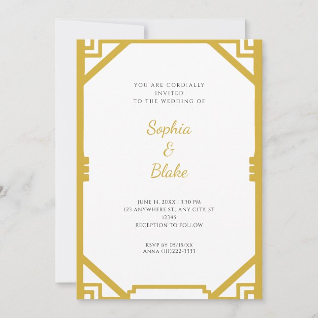 Convite Casamento Simples em Dourado e Branco com Arte Dec (Frente)