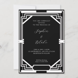 Convite Casamento Simples em Preto e Branco com Arte Deco