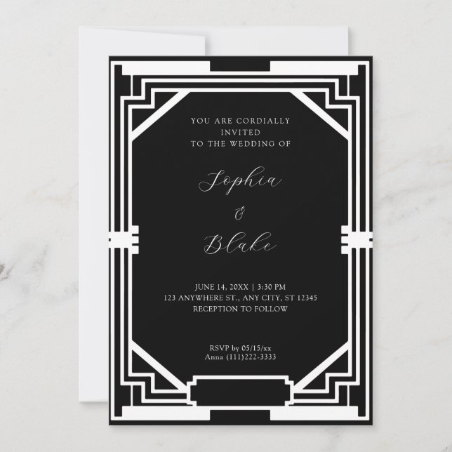 Convite Casamento Simples em Preto e Branco com Arte Deco  (Frente)