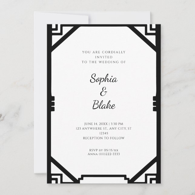 Convite Casamento Simples em Preto e Branco no Estilo Art  (Frente)