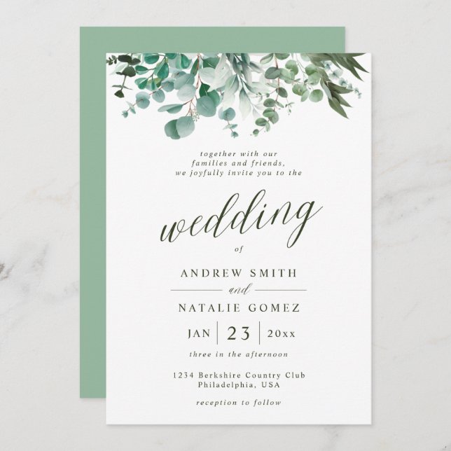 Convite Casamento Simples Eucalyptus Greenery (Frente/Verso)
