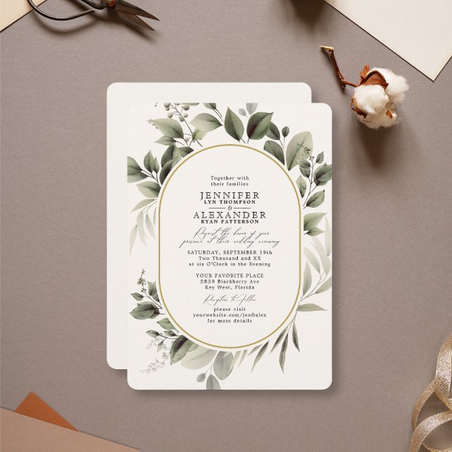 Convite Casamento Simples Eucalyptus Ouro de Marfim (Criador carregado)