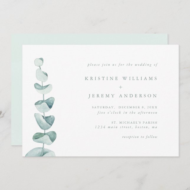 Convite Casamento Simples Eucalyptus Watercolor Greenery (Frente/Verso)