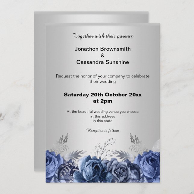 CONVITE CASAMENTO SIMPLES FLORAL AZUL DA PRATA MODERNA (Frente/Verso)